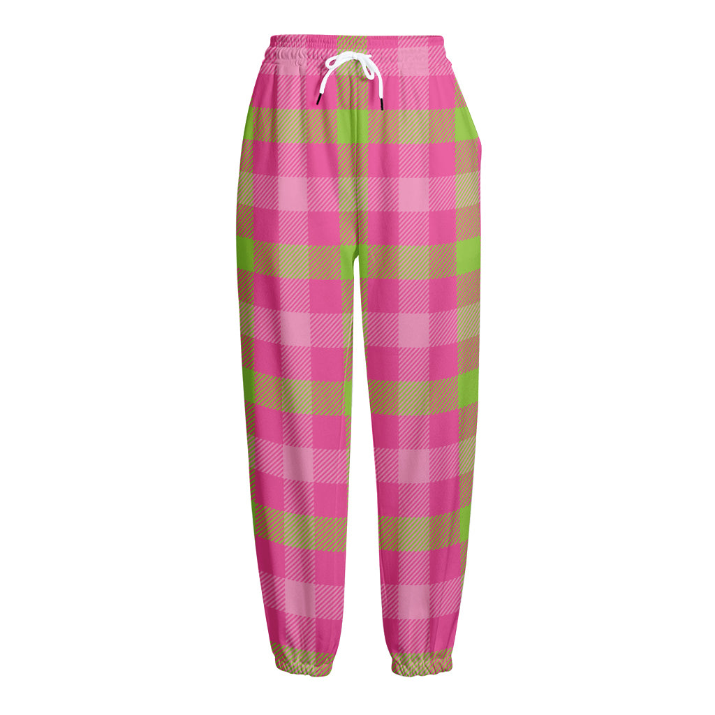 Green And Pink Buffalo Plaid Print Fleece Lined Knit Pants