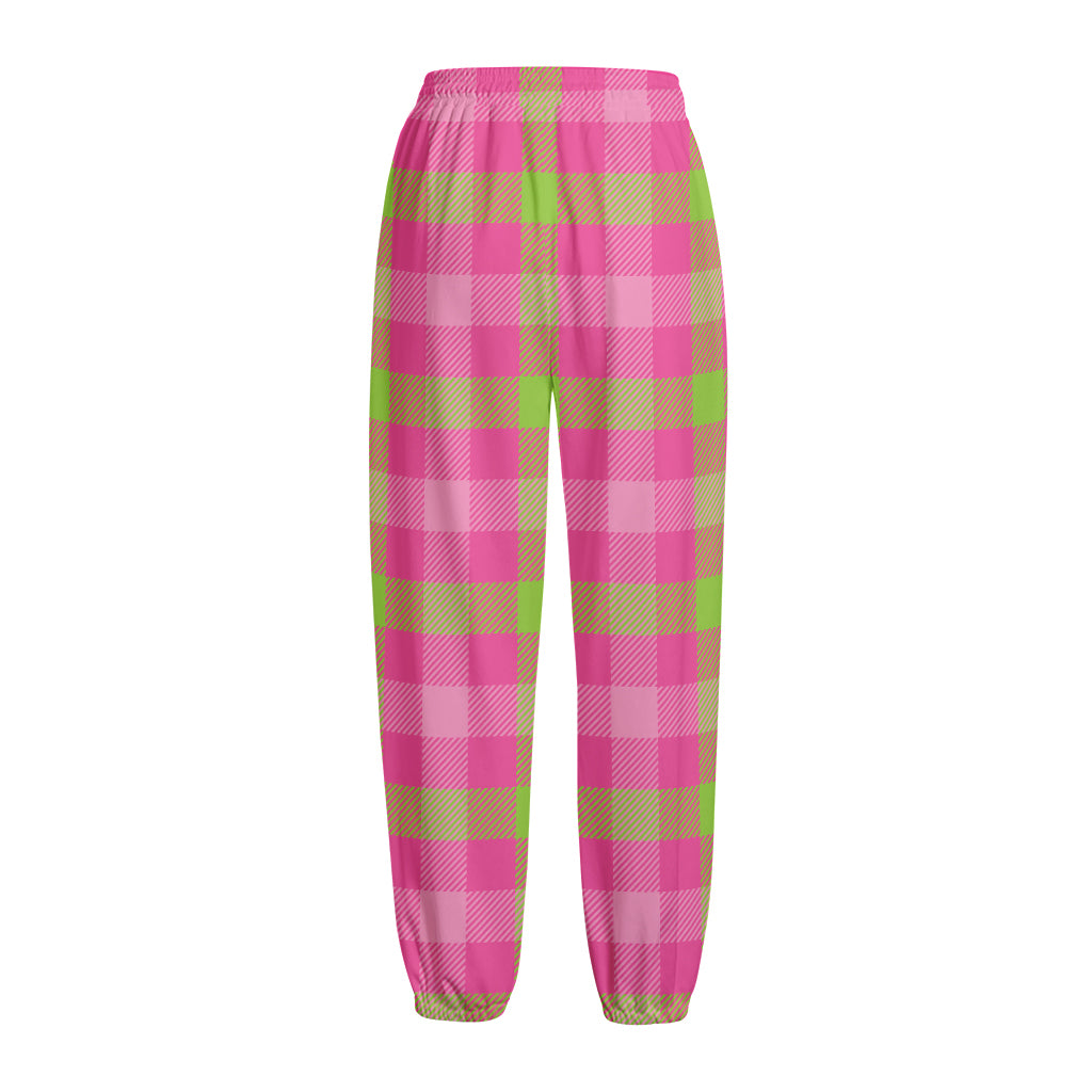 Green And Pink Buffalo Plaid Print Fleece Lined Knit Pants