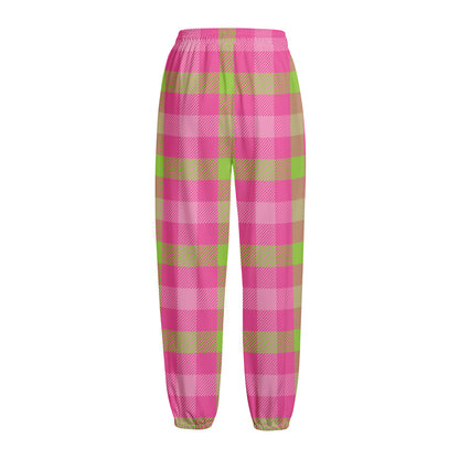 Green And Pink Buffalo Plaid Print Fleece Lined Knit Pants