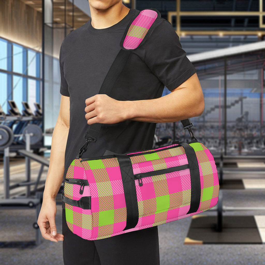 Green And Pink Buffalo Plaid Print Gym Bag