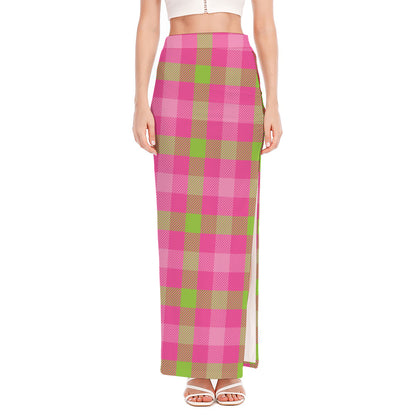 Green And Pink Buffalo Plaid Print High Slit Maxi Skirt
