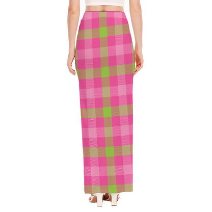 Green And Pink Buffalo Plaid Print High Slit Maxi Skirt