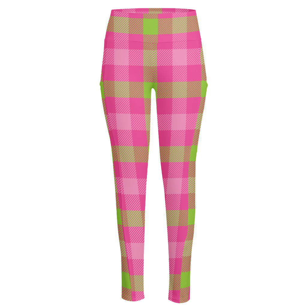 Green And Pink Buffalo Plaid Print High-Waisted Pocket Leggings