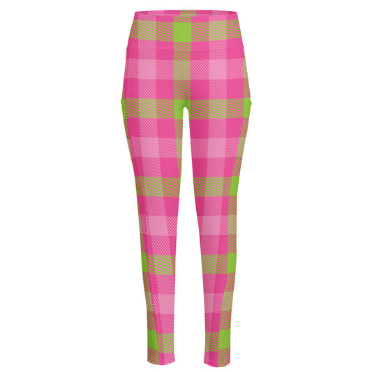 Green And Pink Buffalo Plaid Print High-Waisted Pocket Leggings
