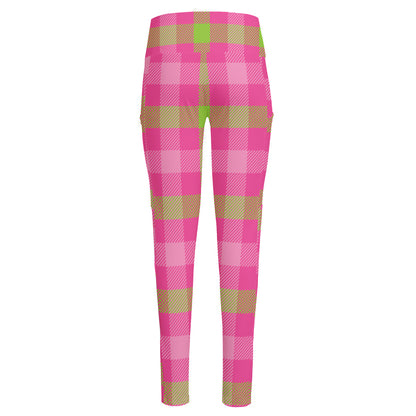 Green And Pink Buffalo Plaid Print High-Waisted Pocket Leggings