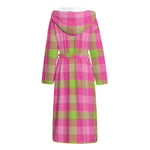 Green And Pink Buffalo Plaid Print Hooded Bathrobe