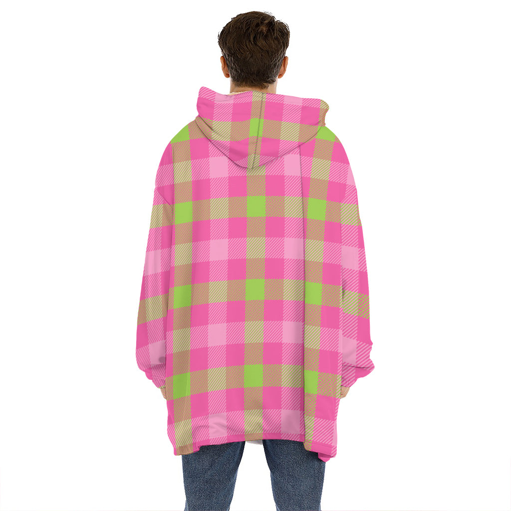 Green And Pink Buffalo Plaid Print Hoodie Blanket
