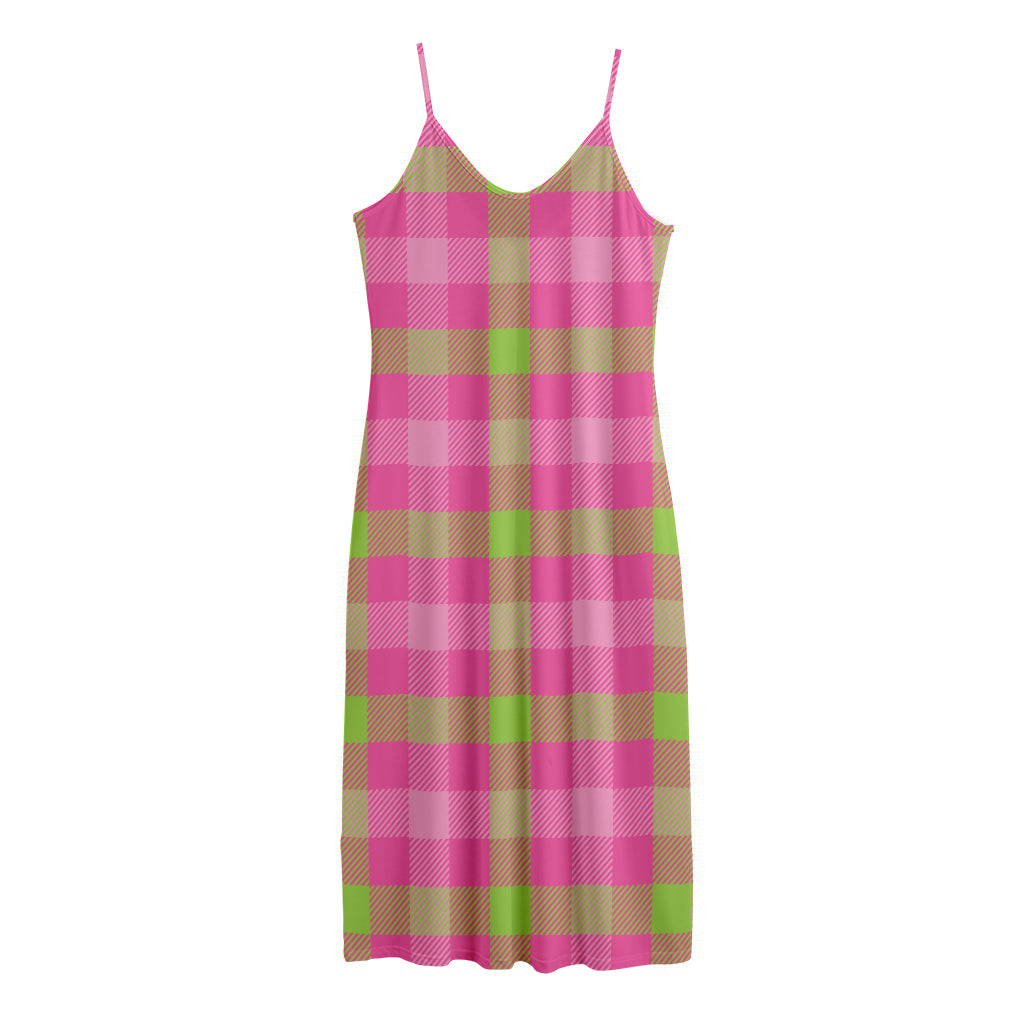 Green And Pink Buffalo Plaid Print Jersey Midi Cami Dress