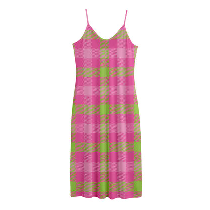 Green And Pink Buffalo Plaid Print Jersey Midi Cami Dress
