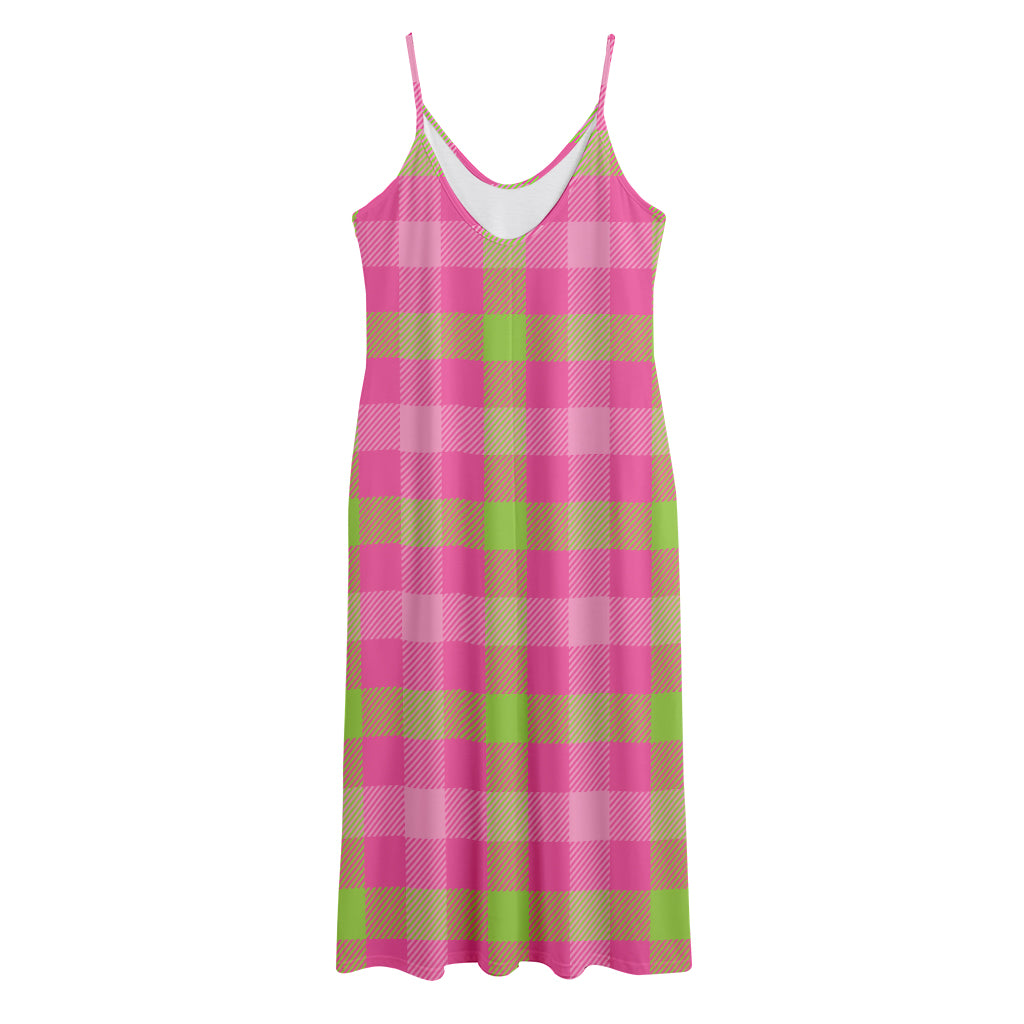 Green And Pink Buffalo Plaid Print Jersey Midi Cami Dress