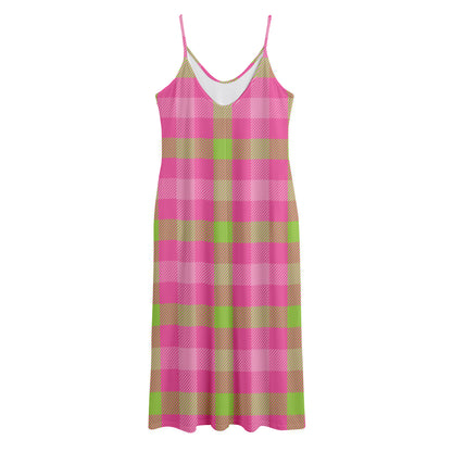 Green And Pink Buffalo Plaid Print Jersey Midi Cami Dress