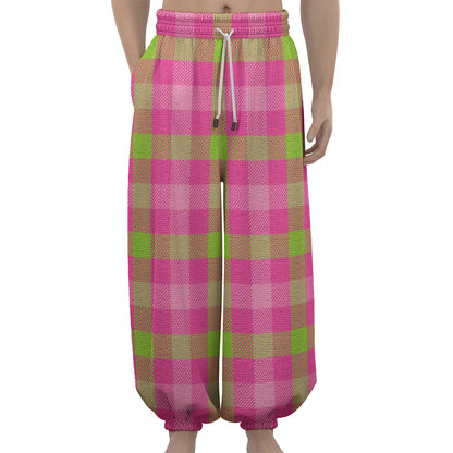 Green And Pink Buffalo Plaid Print Lantern Pants