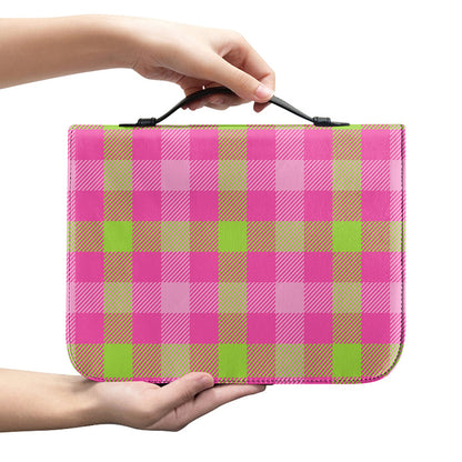 Green And Pink Buffalo Plaid Print Leather Bible Cover