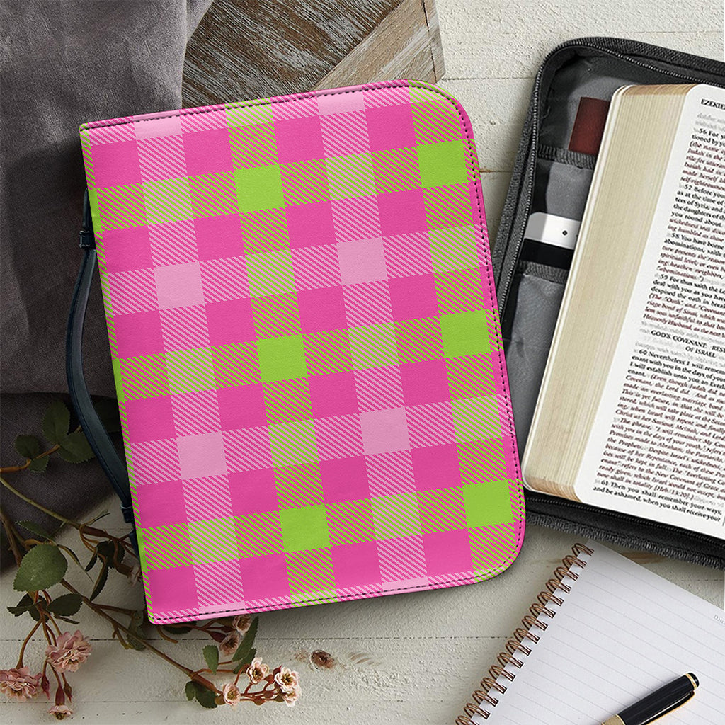 Green And Pink Buffalo Plaid Print Leather Bible Cover