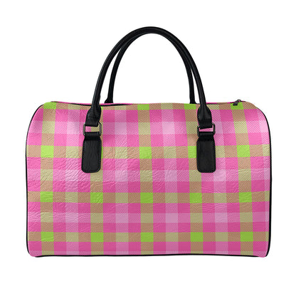 Green And Pink Buffalo Plaid Print Leather Duffle Bag