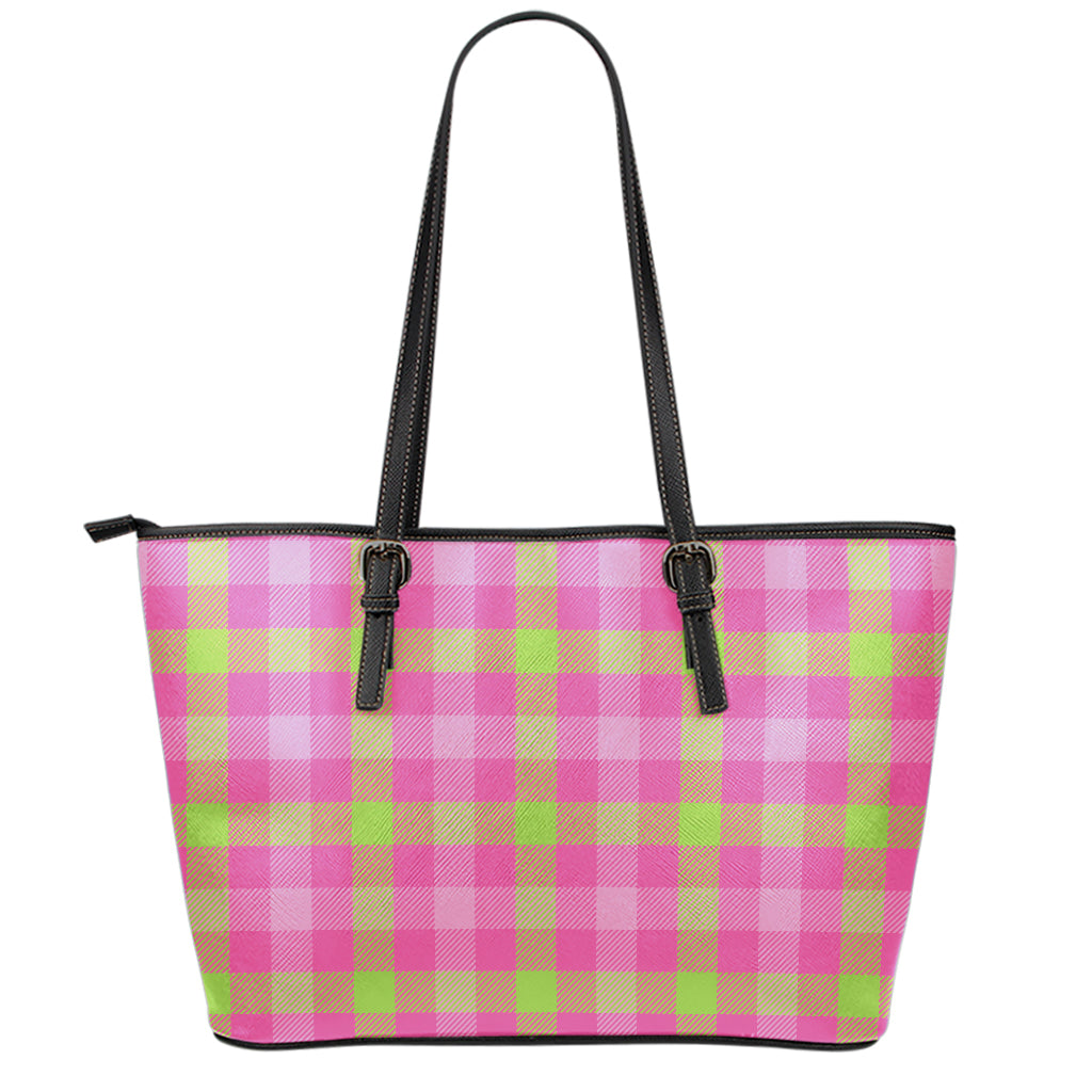 Green And Pink Buffalo Plaid Print Leather Tote Bag