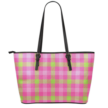 Green And Pink Buffalo Plaid Print Leather Tote Bag