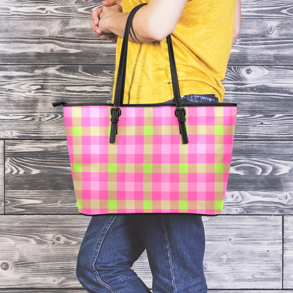 Green And Pink Buffalo Plaid Print Leather Tote Bag