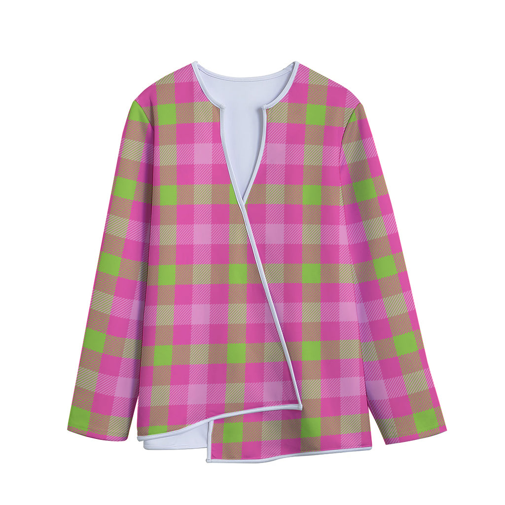 Green And Pink Buffalo Plaid Print Long Sleeve Short Coat