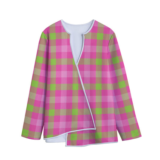 Green And Pink Buffalo Plaid Print Long Sleeve Short Coat