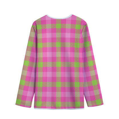 Green And Pink Buffalo Plaid Print Long Sleeve Short Coat