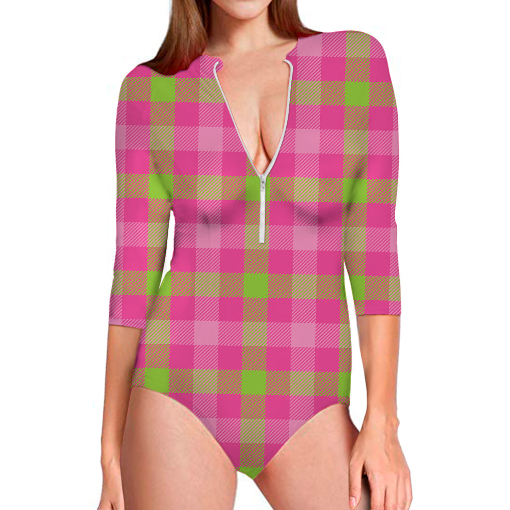 Green And Pink Buffalo Plaid Print Long Sleeve Swimsuit