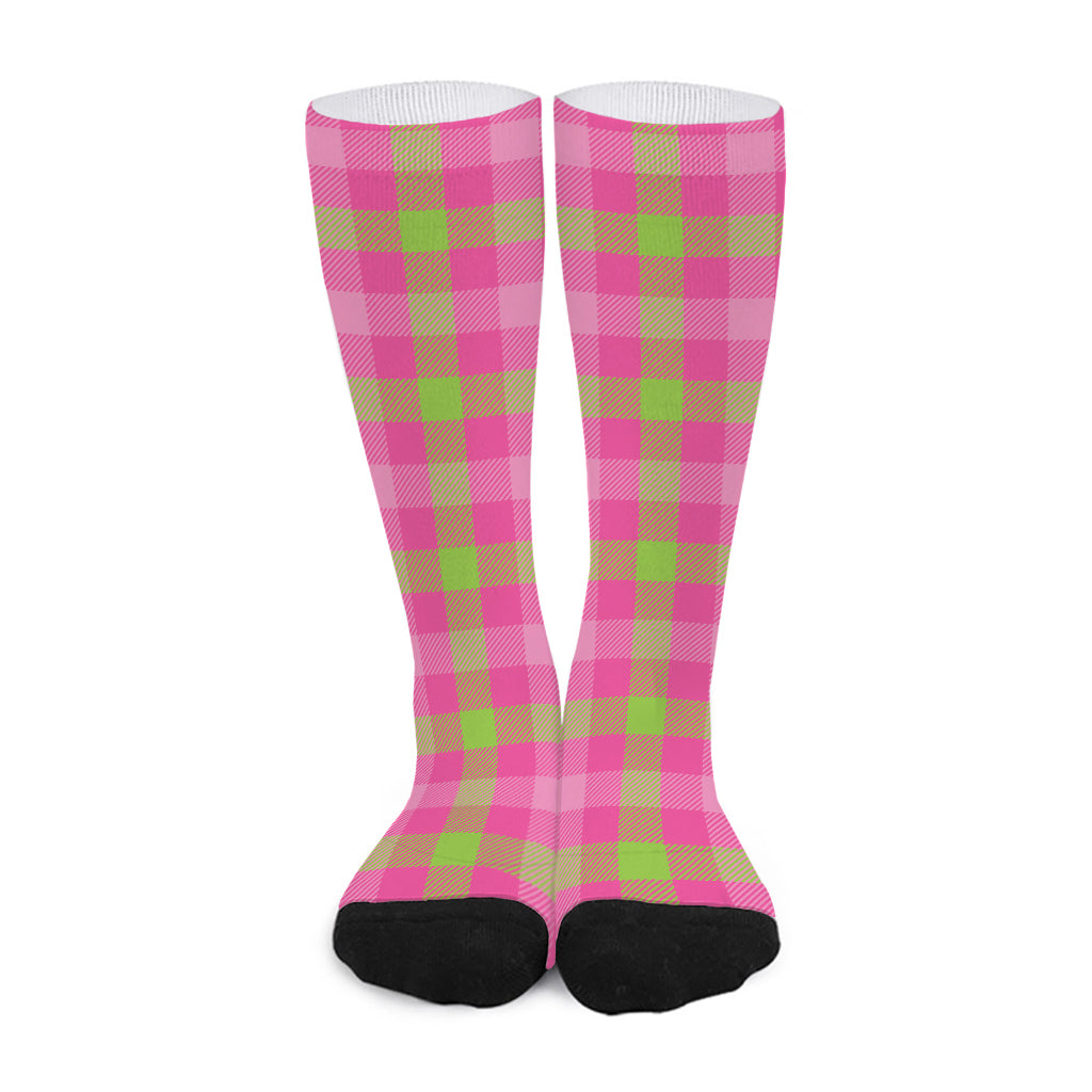 Green And Pink Buffalo Plaid Print Long Socks