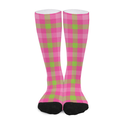 Green And Pink Buffalo Plaid Print Long Socks