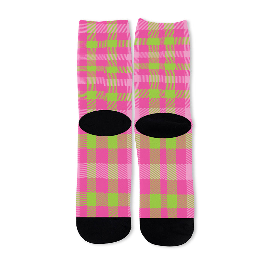 Green And Pink Buffalo Plaid Print Long Socks