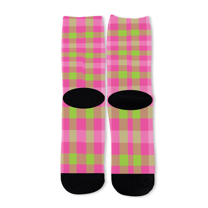 Green And Pink Buffalo Plaid Print Long Socks