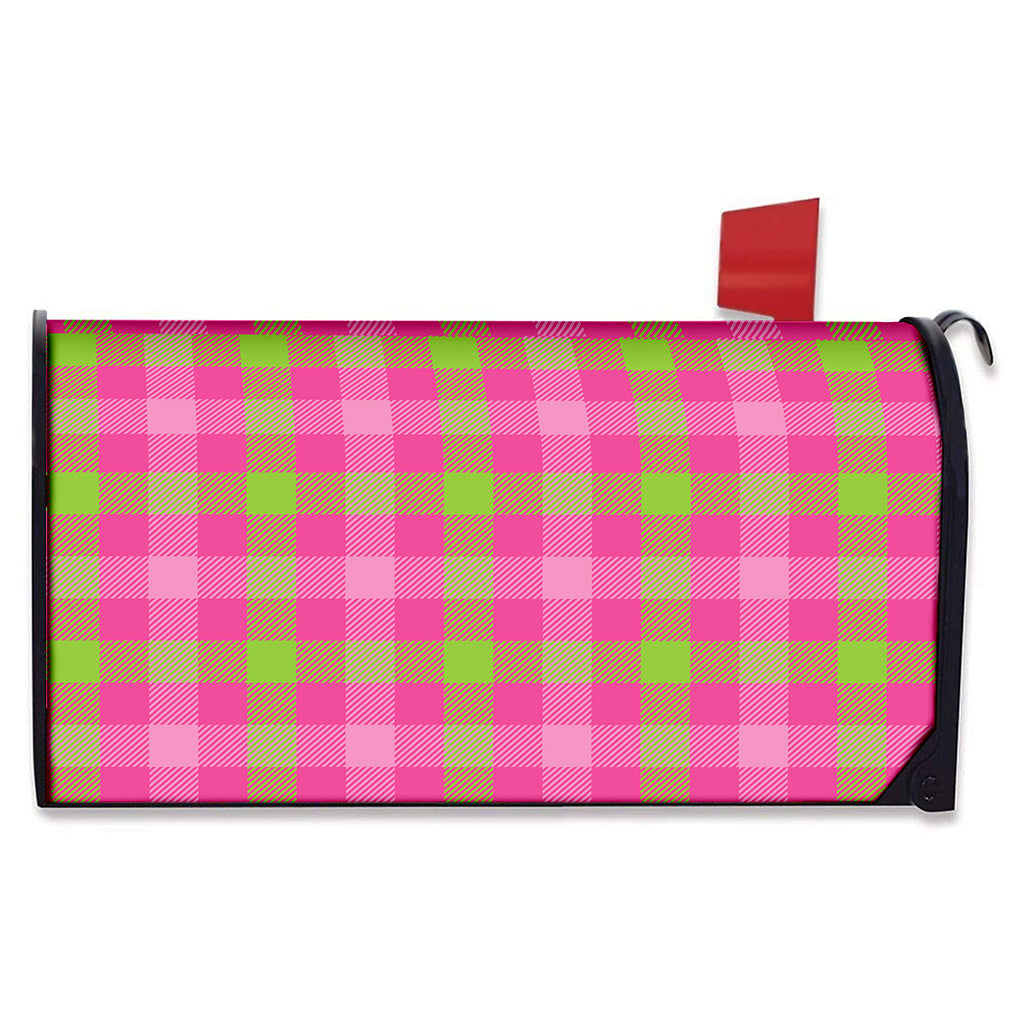 Green And Pink Buffalo Plaid Print Mailbox Cover