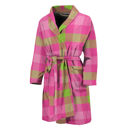 Green And Pink Buffalo Plaid Print Men's Bathrobe