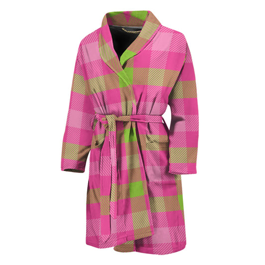 Green And Pink Buffalo Plaid Print Men's Bathrobe