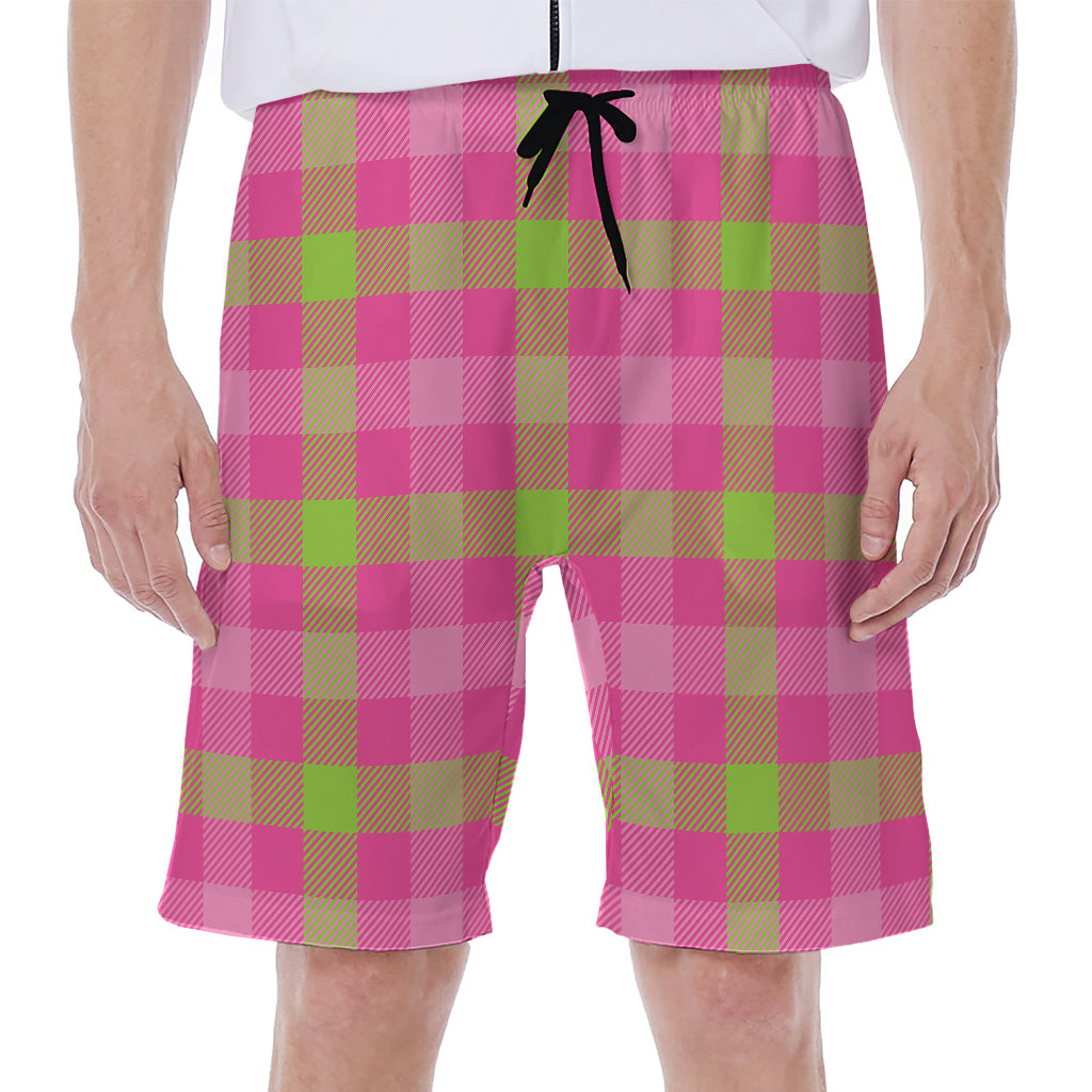Green And Pink Buffalo Plaid Print Men's Beach Shorts