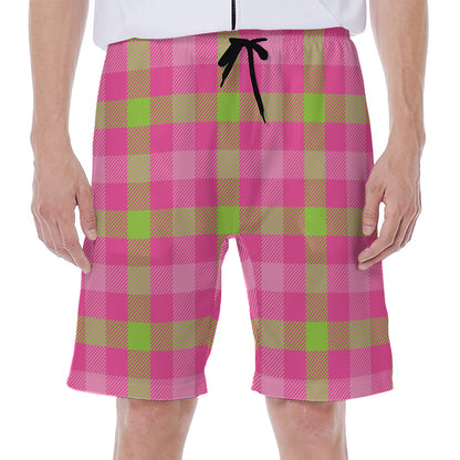 Green And Pink Buffalo Plaid Print Men's Beach Shorts