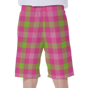 Green And Pink Buffalo Plaid Print Men's Beach Shorts
