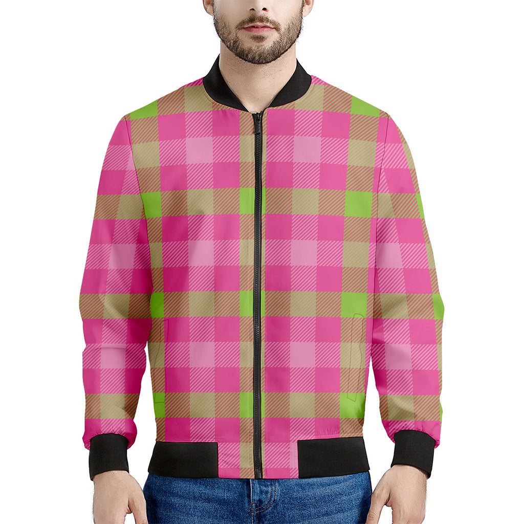 Green And Pink Buffalo Plaid Print Men's Bomber Jacket