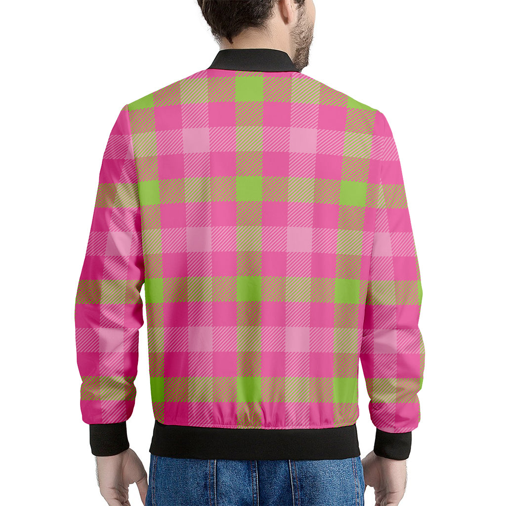 Green And Pink Buffalo Plaid Print Men's Bomber Jacket