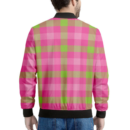 Green And Pink Buffalo Plaid Print Men's Bomber Jacket
