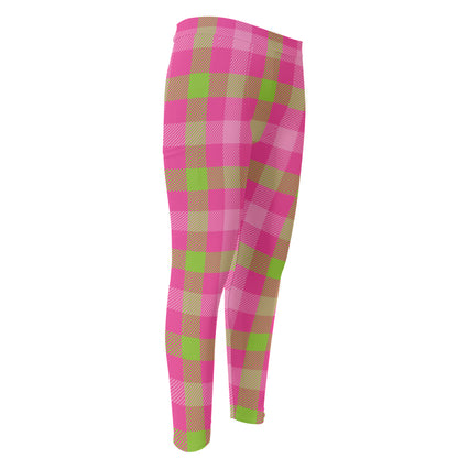 Green And Pink Buffalo Plaid Print Men's Compression Pants