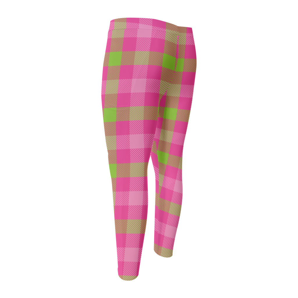Green And Pink Buffalo Plaid Print Men's Compression Pants