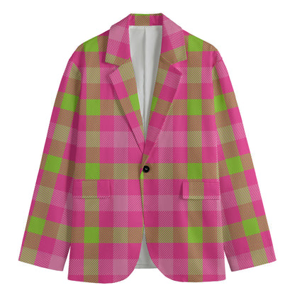 Green And Pink Buffalo Plaid Print Men's Cotton Blazer