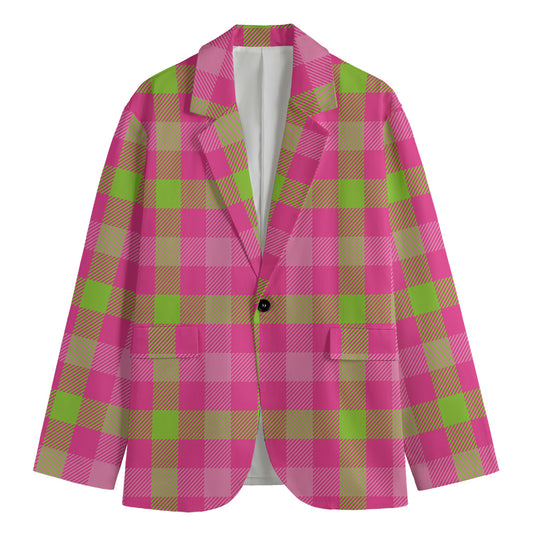 Green And Pink Buffalo Plaid Print Men's Cotton Blazer