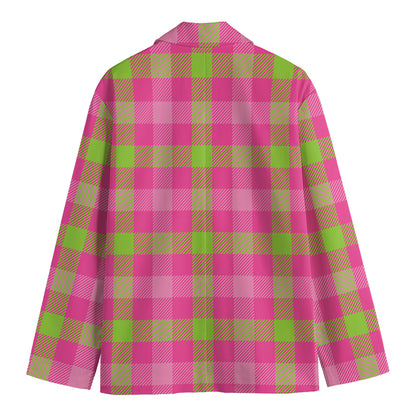 Green And Pink Buffalo Plaid Print Men's Cotton Blazer