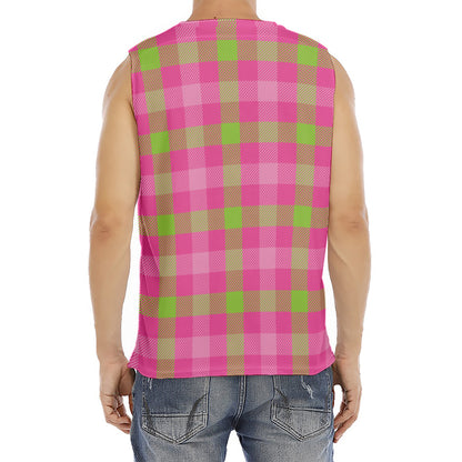 Green And Pink Buffalo Plaid Print Men's Fitness Tank Top