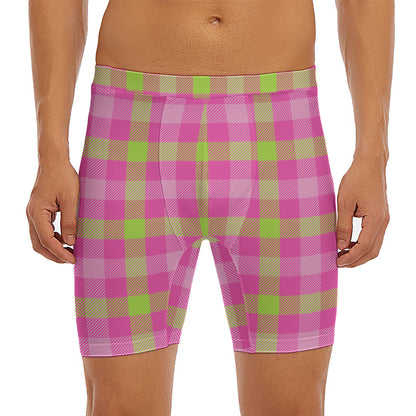 Green And Pink Buffalo Plaid Print Men's Long Boxer Briefs