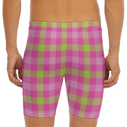 Green And Pink Buffalo Plaid Print Men's Long Boxer Briefs
