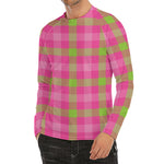 Green And Pink Buffalo Plaid Print Men's Long Sleeve Rash Guard