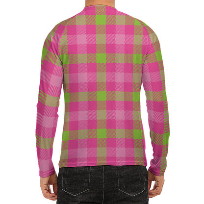 Green And Pink Buffalo Plaid Print Men's Long Sleeve Rash Guard