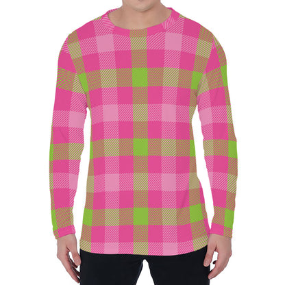 Green And Pink Buffalo Plaid Print Men's Long Sleeve T-Shirt